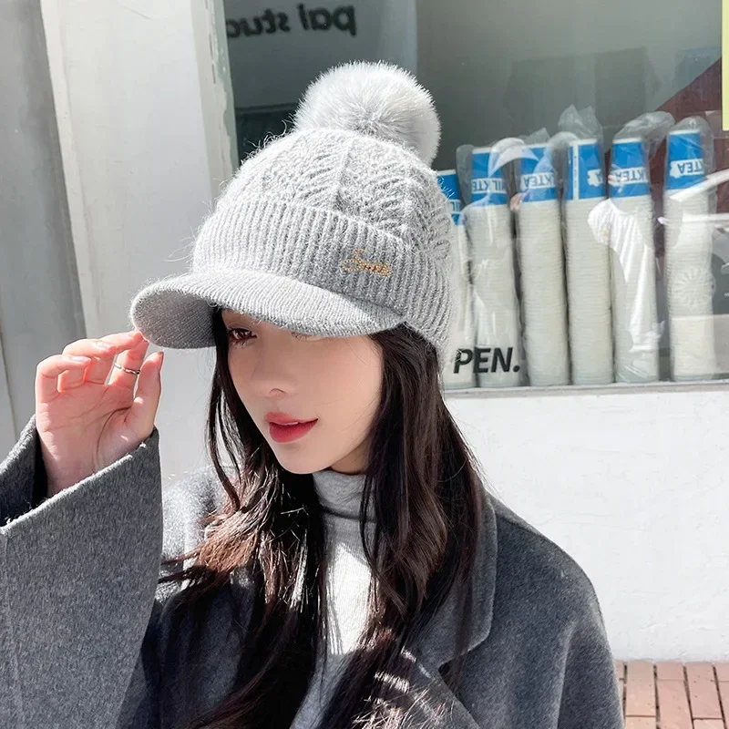 Winter Women Knitted Flat Tongue Hat Autumn Winter Warm Rabbit Hair Letter Warm Baseball Hat Ear Protection Neck Waiver Wool Hat