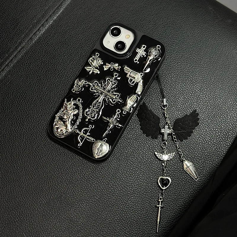 Drip Glue Yhree-Fimensional Metal Cross Pistol Suitable For iPhone 11 12 13 14 15 Pro Max Phone Back Cover Personalized Protecti