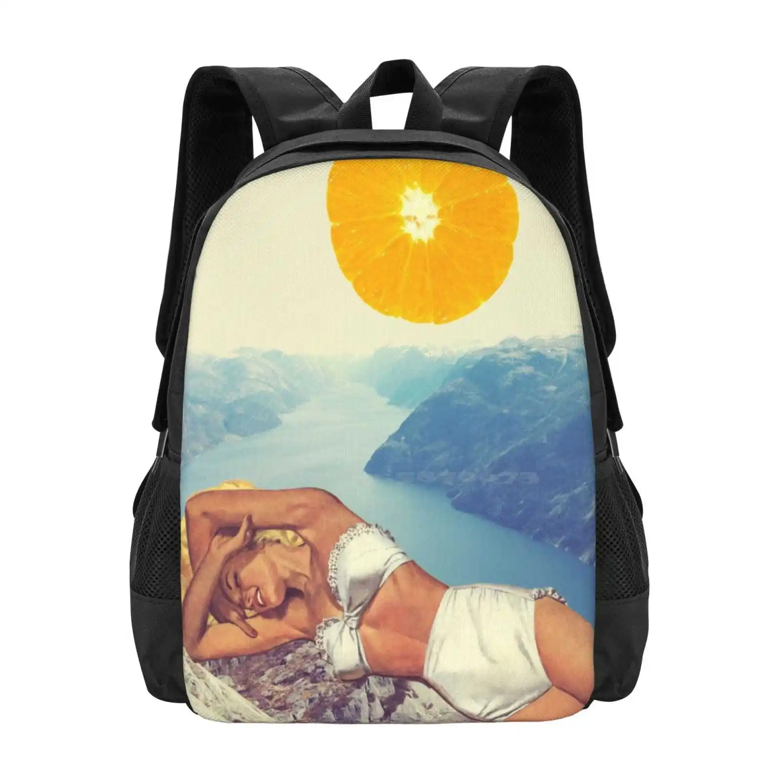 Vitamin Hot Sale Schoolbag Backpack Fashion Bags Vintage Retro Collage Art Summer Bikini Sexy Pinup Sensual Landscape Orange