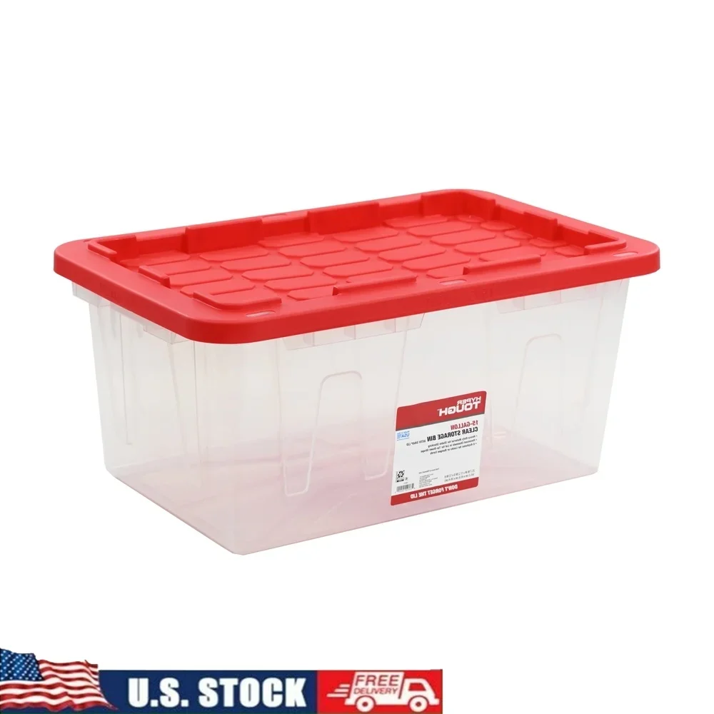 

15 Gallon Clear Storage Bin with Red Snap Lid Stackable Plastic Container Easy Organization Garage Home Toy Keepsake Storage