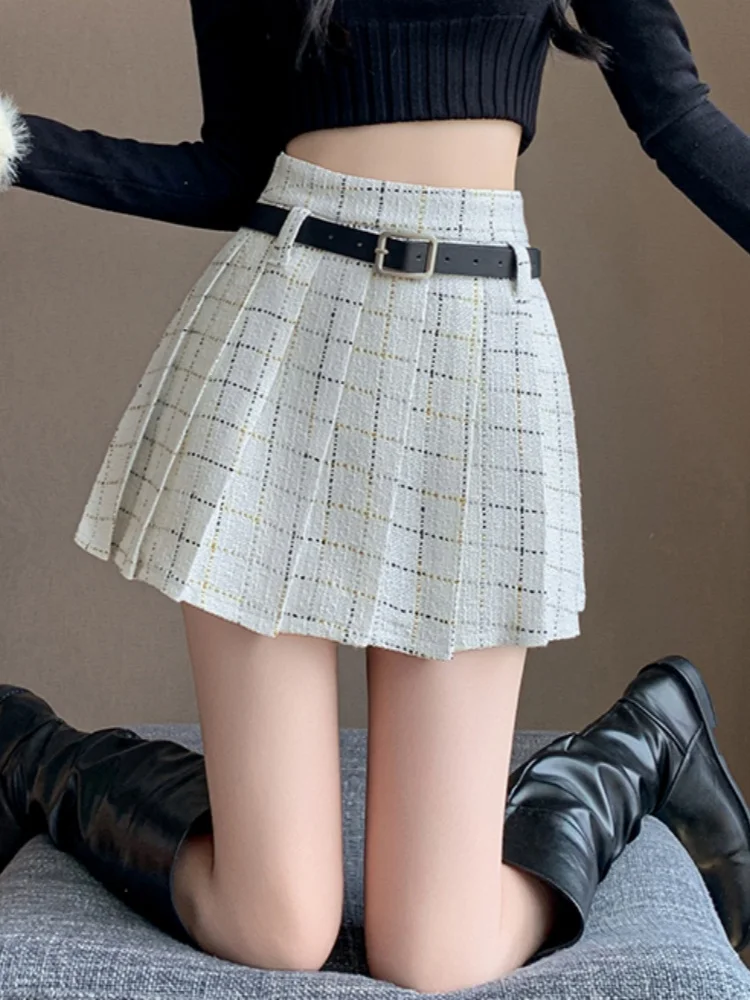 

Women Tweed Skirts New Fashion High Waist Skirts Vintage Autumn Winter Slim Korean Elegant Woolen Short Mini Pleated Skirt