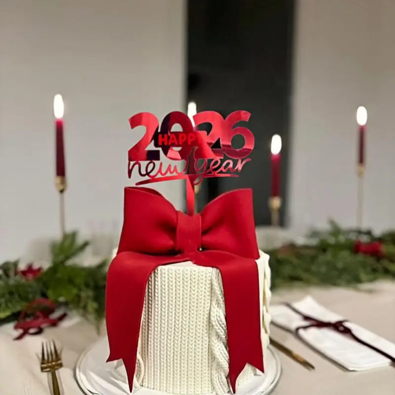 1pc Golden Red Hello 2026 Acrylic Cake Topper For Christmas Xmas New Year Party Cake Decorations - Detail 1