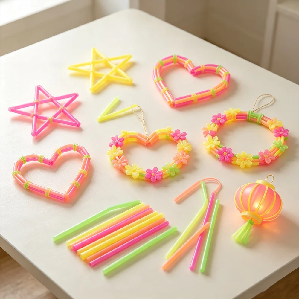 Mehrfarbige, gemischte fluoreszierende Bastelstrohhalme, spezielles Material für DIY-Zubehör, flexibel und langlebig, kreative Blumendekorationen – Detail 4