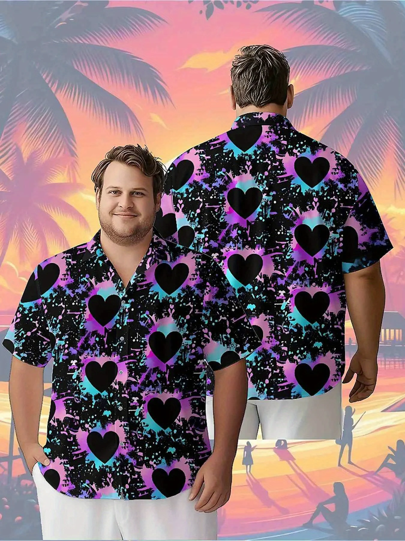 Men's Plus Size Hawaiian Shirts Colorful Heart pattern,Unisex Baggy Aloha Shirts,summer Alternative Clothing