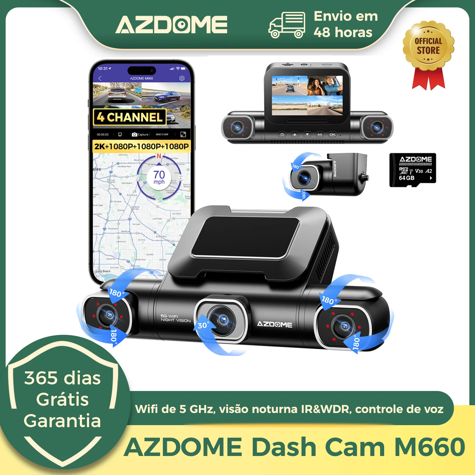 Câmera Veicular AZDOME M660 2.5K+3*1080P 4CH DVR Automotivo GPS Wi-Fi 5G Cartão de 64GB Grátis Controle por Voz Monitoramento de Estacionamento 24H Visão Noturna Superior