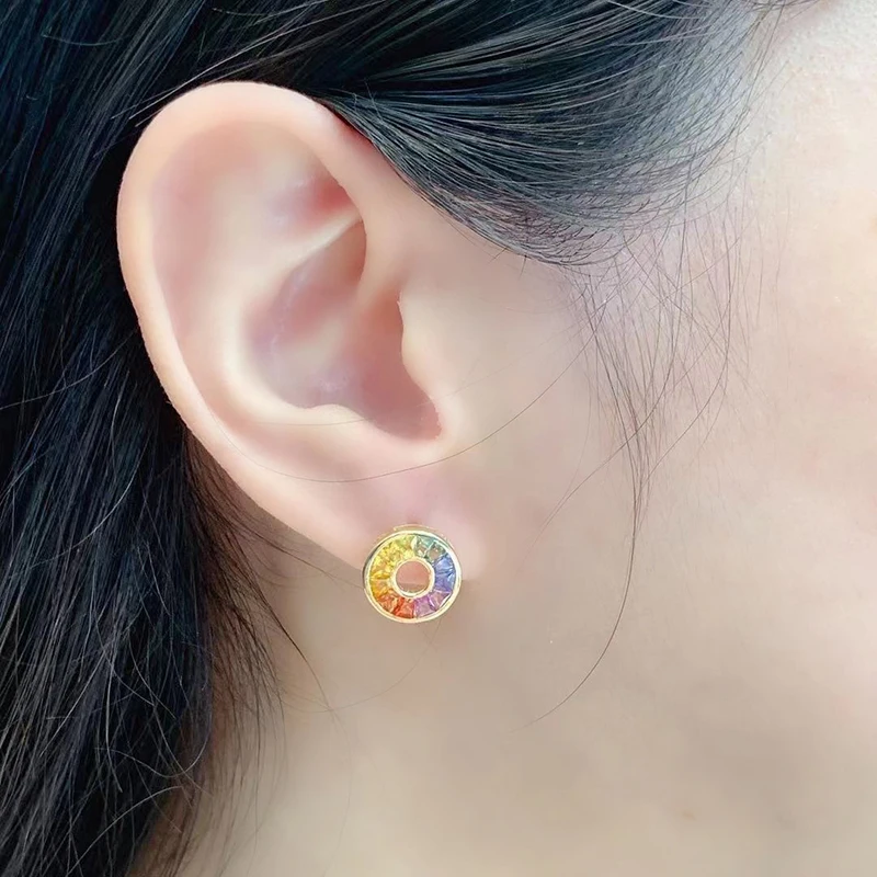 KUGG 100% 18K Yellow Gold Earrings Romantic Rainbow Design Real Natural Color Sapphire Earrings for Women High Wedding Jewelry