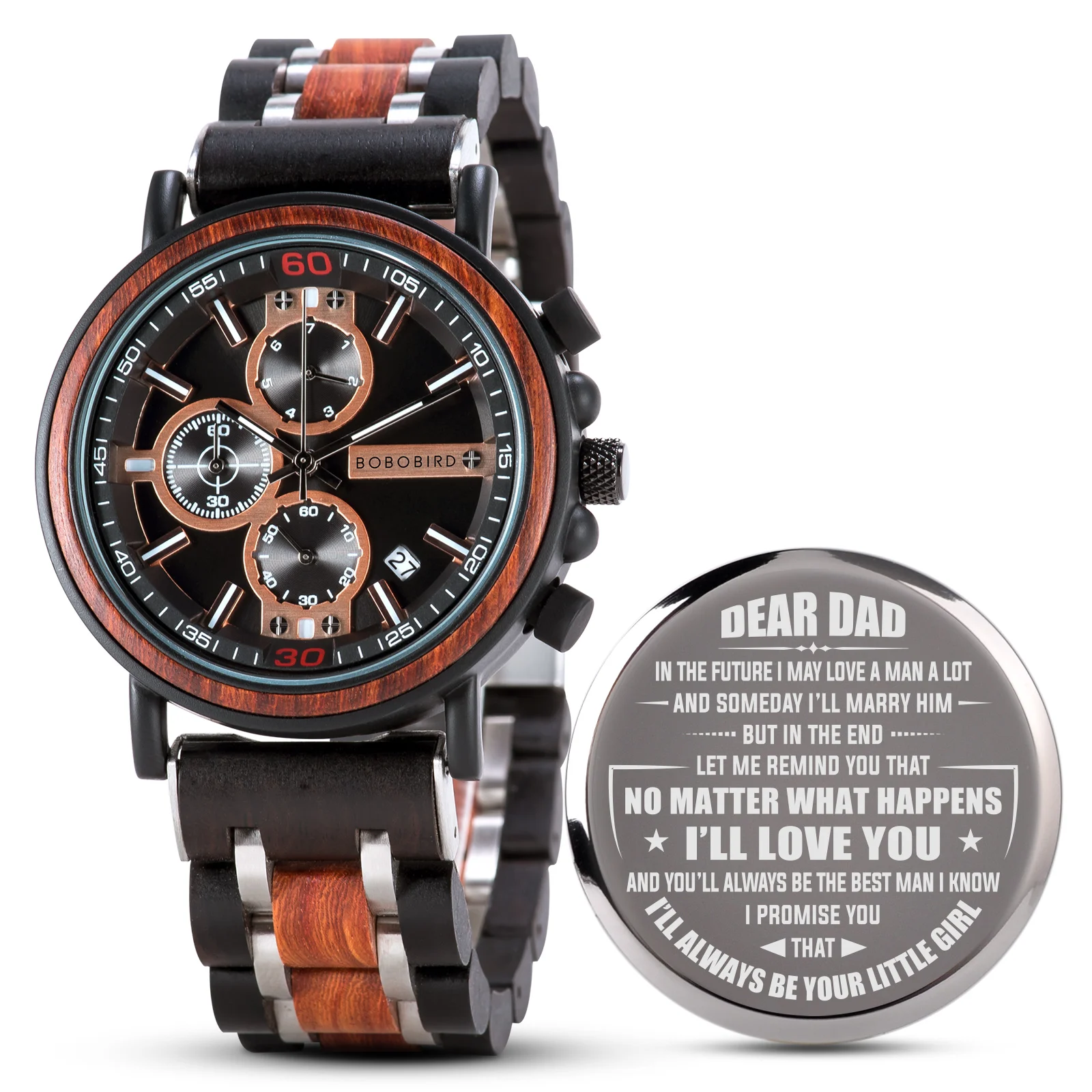 BOBO BIRD Personalized Father's Day Wooden Watches Gift for Dad Luxury Wood&Metal Combined Quartz Men Casual Watch Chronograph