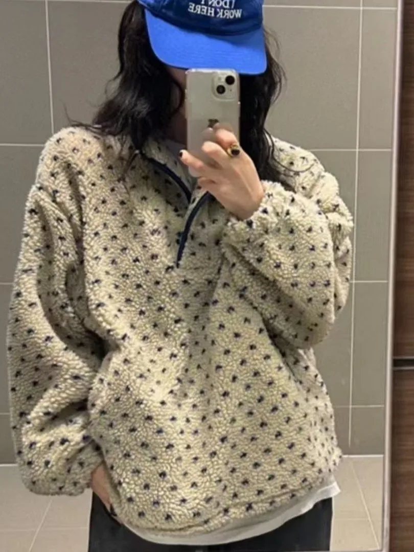 هودي نسائي فضفاض بأكمام طويلة من الصوف المنقط، ملابس خارجية مريحة بتصميم فضفاض، إصدار جديد لخريف وشتاء