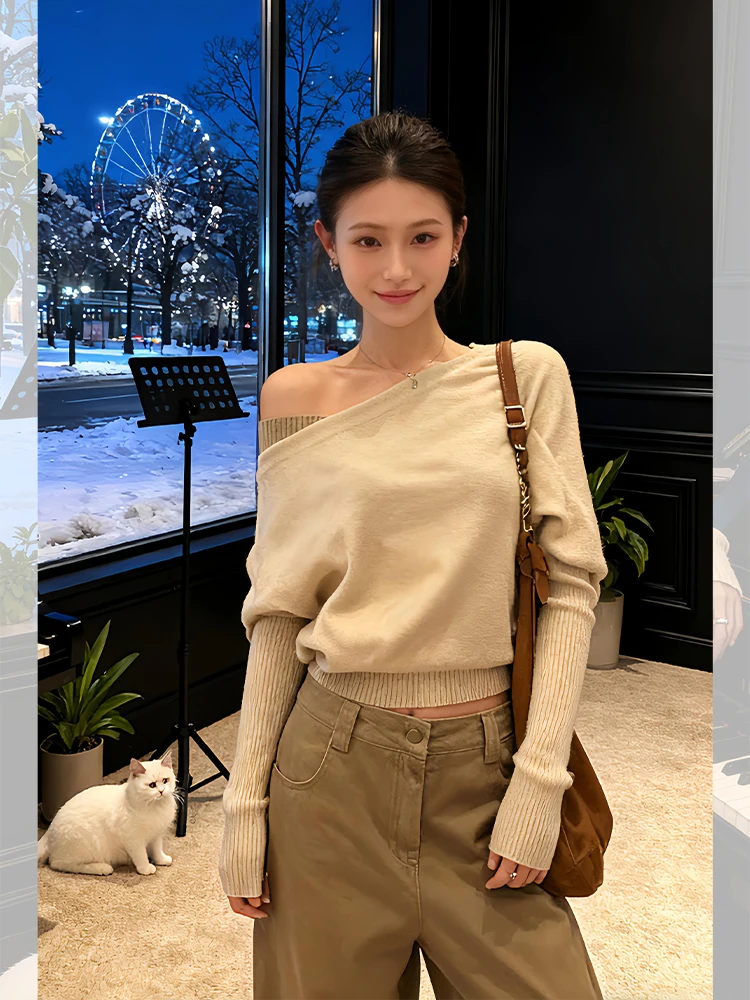 

Корейский вязаный топ на одно плечо с длинным светом, женский базовый слой, внутренняя одежда, осень-зима, смесь хлопка