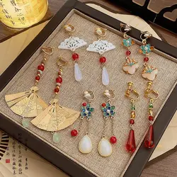 Chinese Classical Imitation Jade Waterdrop Clip on Earrings Non Piering for Women Hollowed Fan Dangle Earring Party Jewelry Gift