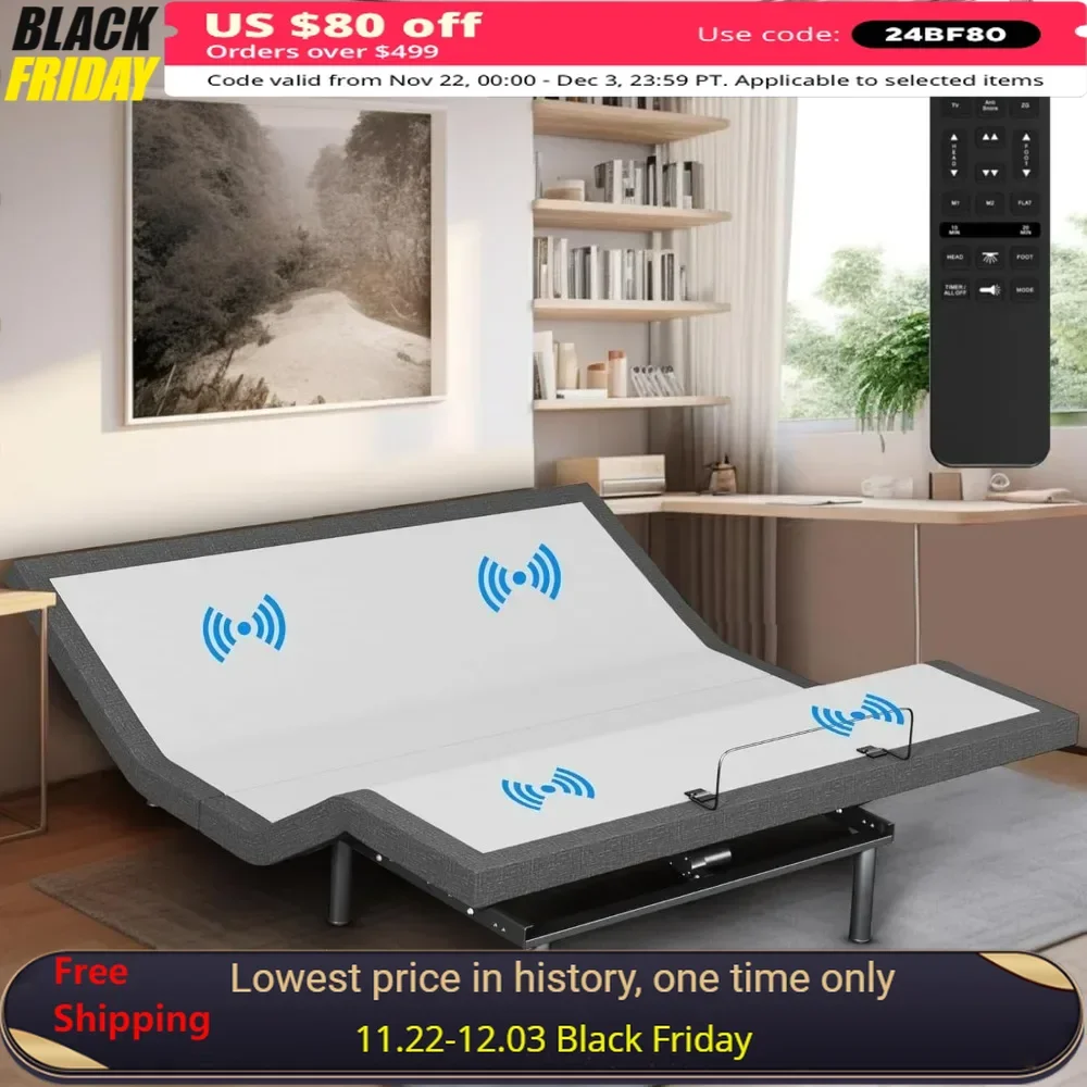 Queen Adjustable Bed Frame with Wireless Remote, Head & Foot Incline, Dual USB Charge, Under-Bed Nightlights, Massage Bed Frame