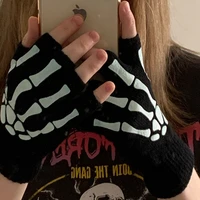 New Punk Gloves Unisex Halloween Skeleton Skull Half Finger Gloves Glow In The Dark Fingerless Stretch Knitted Winter Mittens - Image 3
