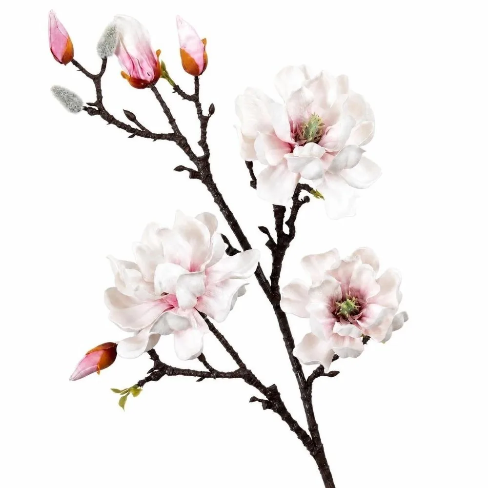 Real Touch Artificial Magnolia Flowers Branch Pink Multi-Bloom Artificial Faux Plants EVA White Faux Magnolia Branch Home Decor