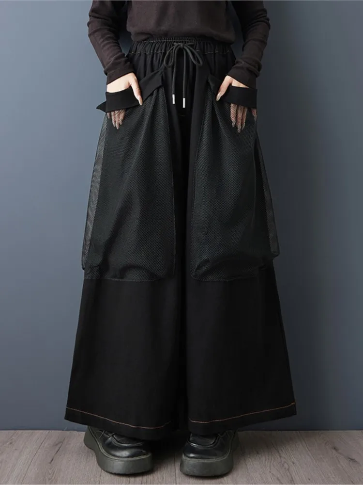 

Джинсы большого размера, широкие брюки, весна-осень, женские сетчатые лоскутные модные повседневные свободные женские брюки, странные женские джинсовые брюки в стиле ретро