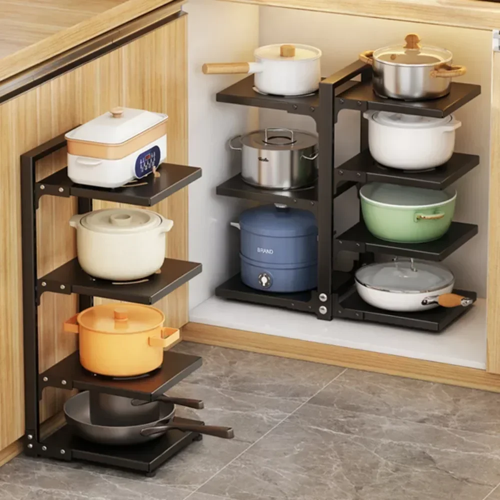Multilayer Kitchen Under Sink Pot Holder Adjustable Frying Pan Rice Cooker Seasoning Storage Rack Metal Organizer Pot Rack