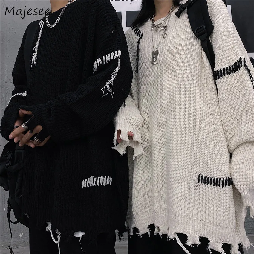 

Men Pullovers Irregular Hole Designs Harajuku Fashion Couples Long Sleeve Knitwear Round Neck High Street Sweaters Male Autumn