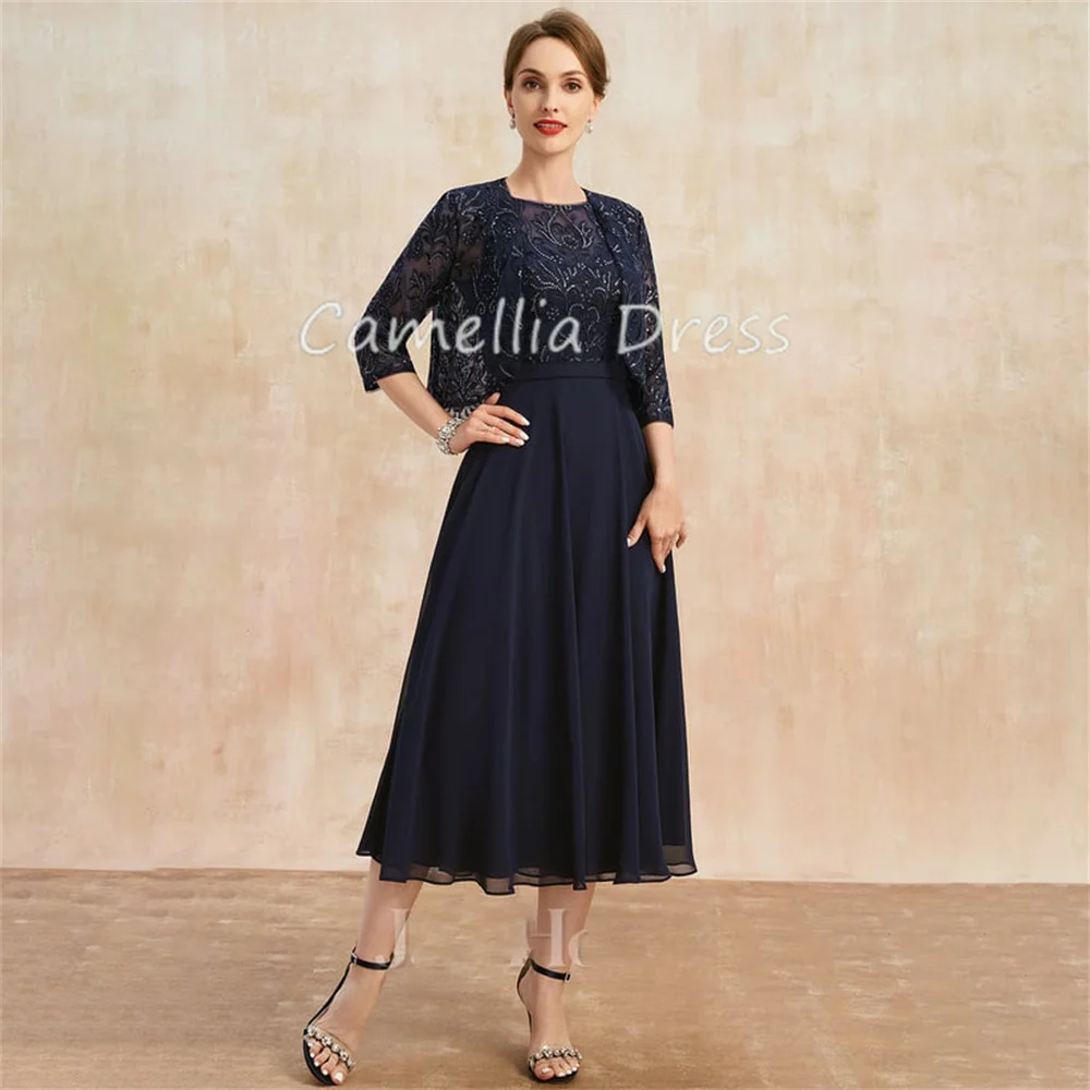 Elegant Boat Neck Mother Of The Bride Dress A-line Tea-Length Chiffon Lace Formal Dresses Vestidos Mae Da Noiva Casamentos