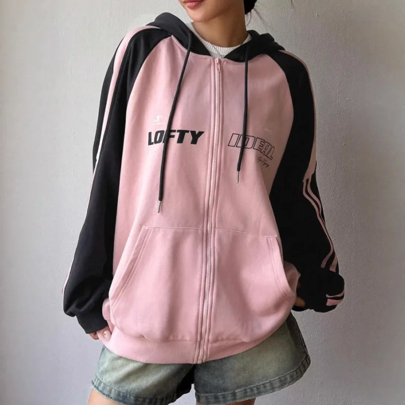 American rétro style patchwork contrastant sweat à capuche, lâche et paresseux automne et hiver veste