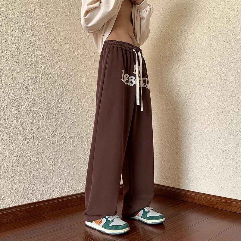 

American High Street Men's Spring Autumn Wide Leg Casual Pants Letter Embroidery Heavyweight Sweatpants Loose Sports Trousers