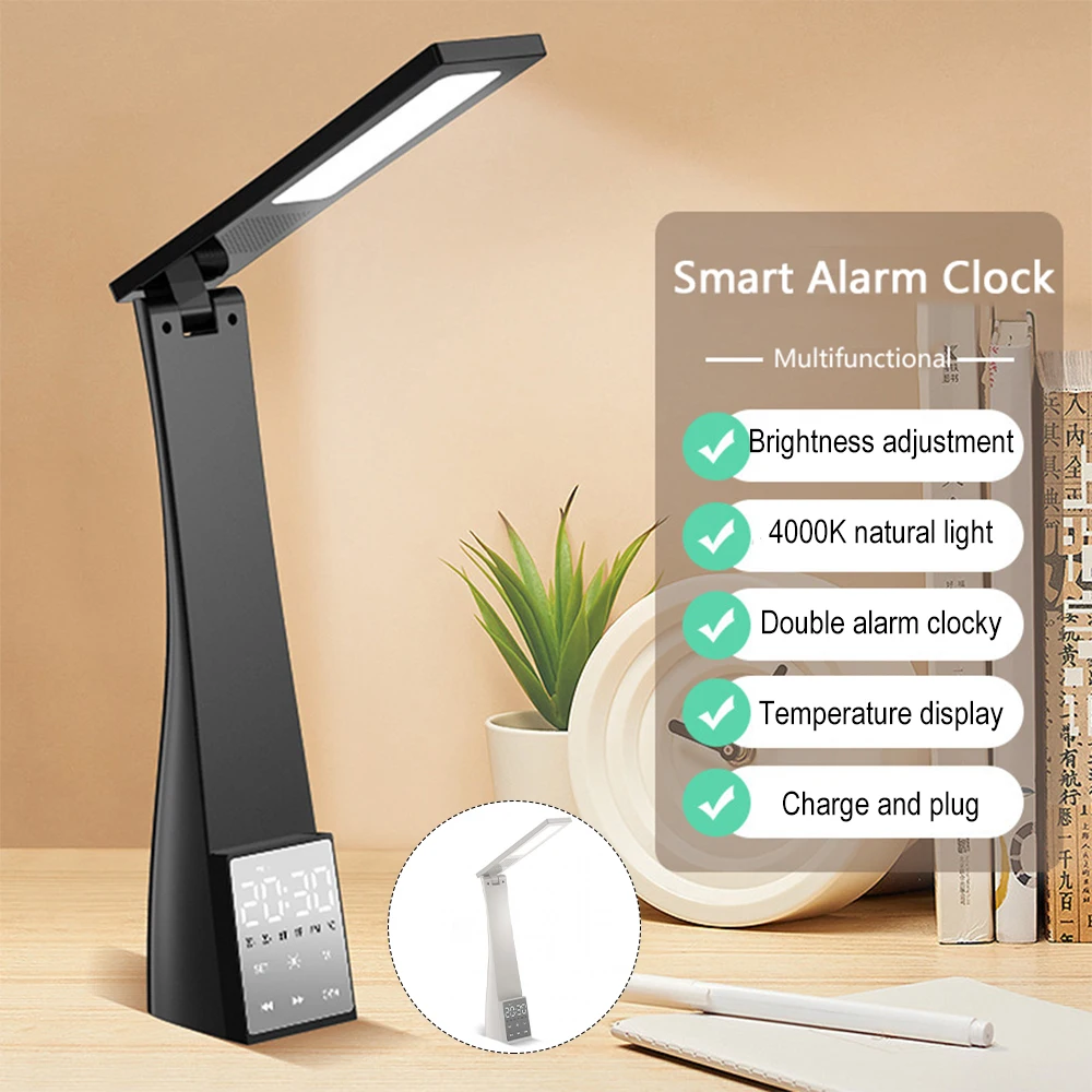 LED Desk Lamp with Bluetooth Speaker Temperature Clock Dimmable Desk Lamp Reading Lamp USB Eye-Protection Reading Table Lamps