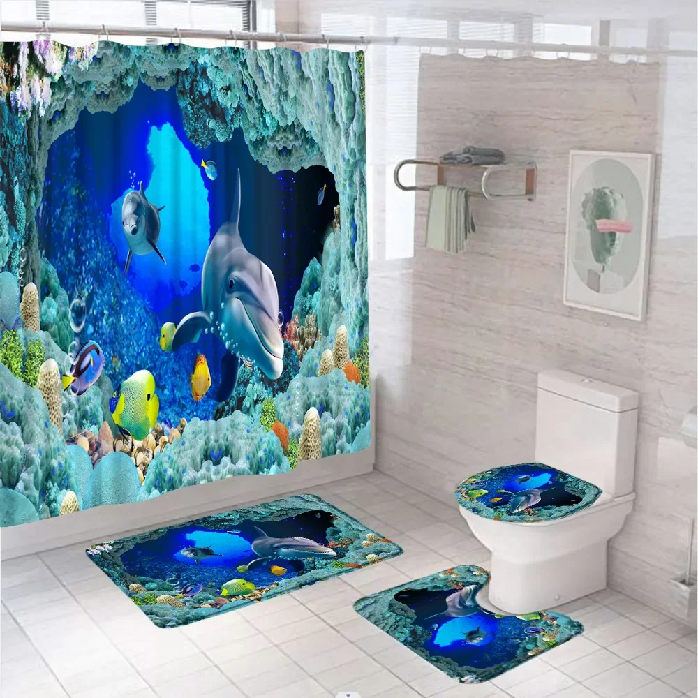 3D Dolphin Turtle Starfish Shower Curtain Sets Underwater Tropical Fish Ocean Sea Bathroom Curtains Bath Mats Rug Toilet Covers