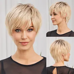 Short Bob Ombre Blonde Human Hair Wigs Pixie Cut Straight Layered Wigs With Bangs for Women Glueless Human Hair Machine Made Wig