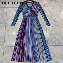 8.7 TOPACHIC Gradient Stripes Design Dresses For Women V Neck High Waist Long Sleeve Elegant Dress Female