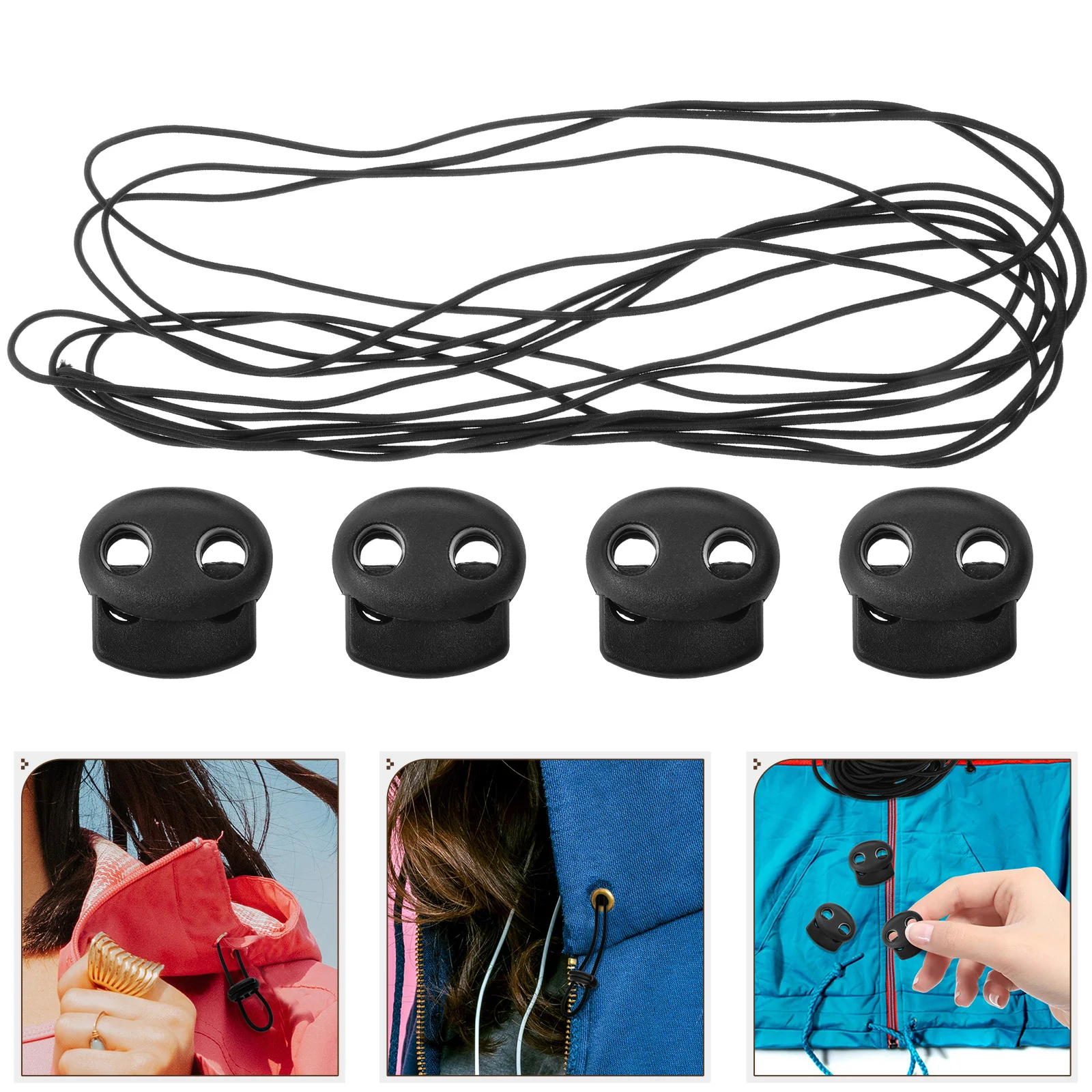 

4pcs Black Plastic Spring Cord Locks Adjustable Drawstring Buckle for Hoodies Buttons 5m Elastic Rope Versatile