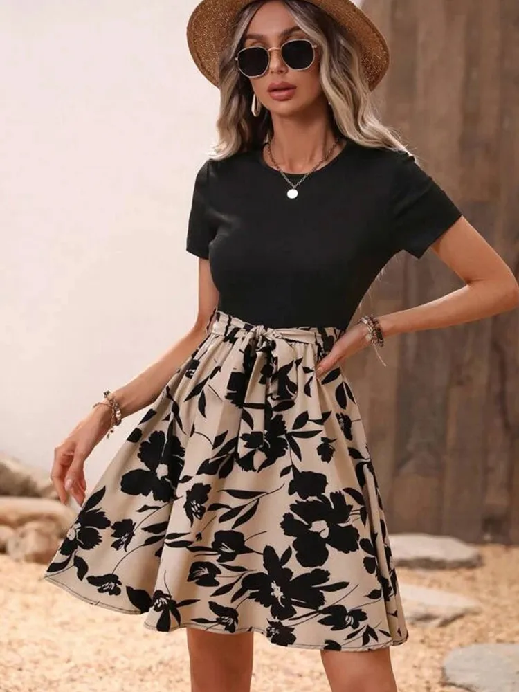 New Fashion Casual Summer Women\'s Round Neck A-line Flower Print Tie With Bow Holiday Style Waist Dress  Short Sleeve