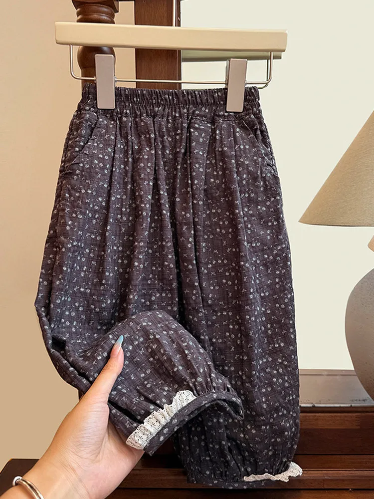 Girls Floral Print Loose Cuffed Pants Summer New Korean Style Fashionable Casual Mosquito Proof Pants High Waist Straight Leg