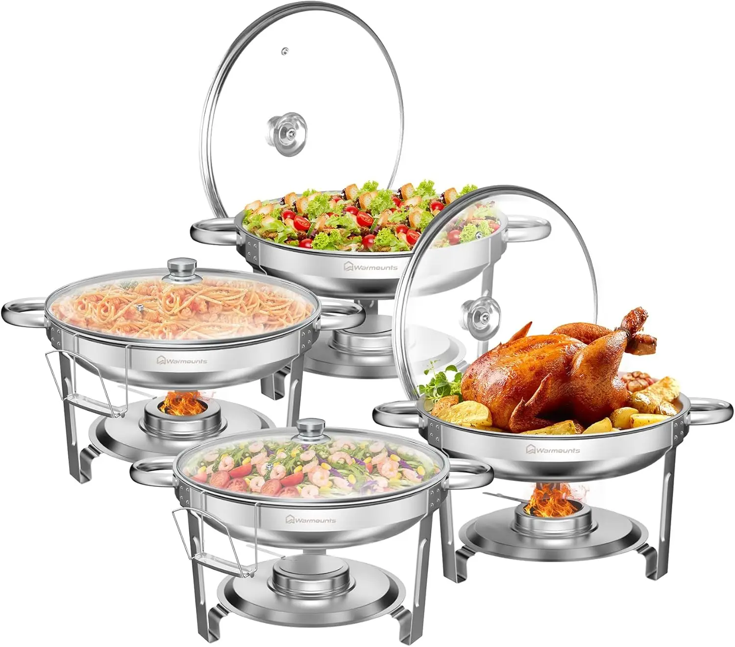 Chafing Dishes for Buffet 5QT 4Pack, [98% Pre-Assembled] Round Chafing Dish Buffet Set w/Glass Lid & Lid Holder,Serving Utensils