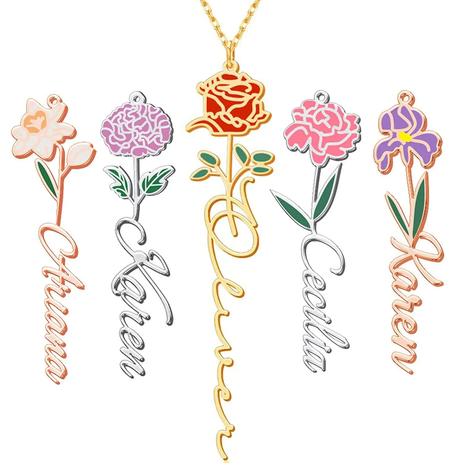 Birth Flower Necklace Custom Name Necklace Floral Name Necklace Custom Name Jewelry  Personalized Gifts For Her Birthday Gifts