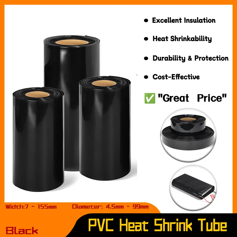 

Dia.7 ~ 155mm 18650 1~20M Lipo Battery Pack Insulated Cable Sleeve Lithium Film Case Heat Shrink Tubing Black PVC Battery Wraps
