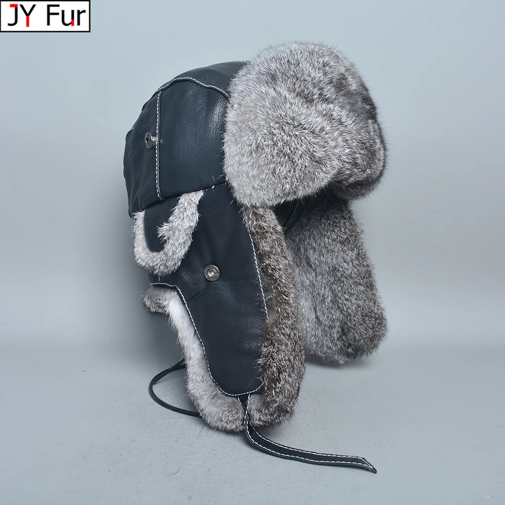 Men Fur Leather Hat For Winter Real Rabbit Fur Hat With Pom Ear Protect Bomber Hats Russian Ushanka Cap Leifeng Hat