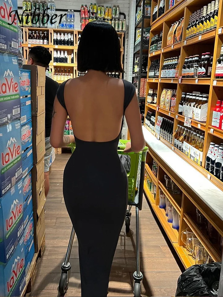 Vestido Largo Sin Espalda Sexy Nibber Sólido Elegante Elástico Ajustado Manga Corta para Mujer Bodycon Ropa de Calle 4