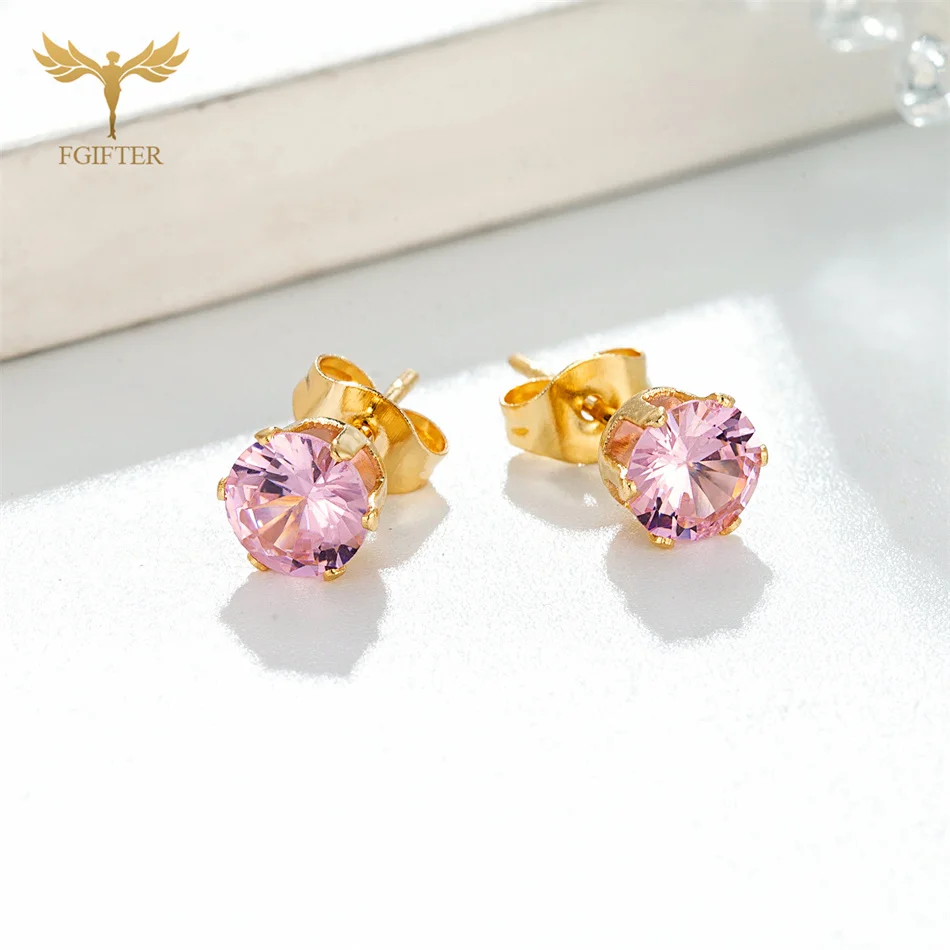 Juego de pendientes de tuerca de circón rosa para mujer, cristal grande dorado, joyería de acero inoxidable, venta al por mayor, regalos pequeños de