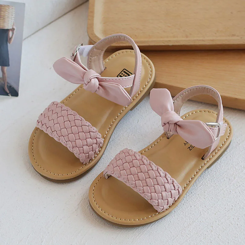 2023 New Summer Children's Sandals Weave Flat Kids Girls Sandals Bowknot Fashion Princess Girls Beach Shoes Size 21-30  CSH1257