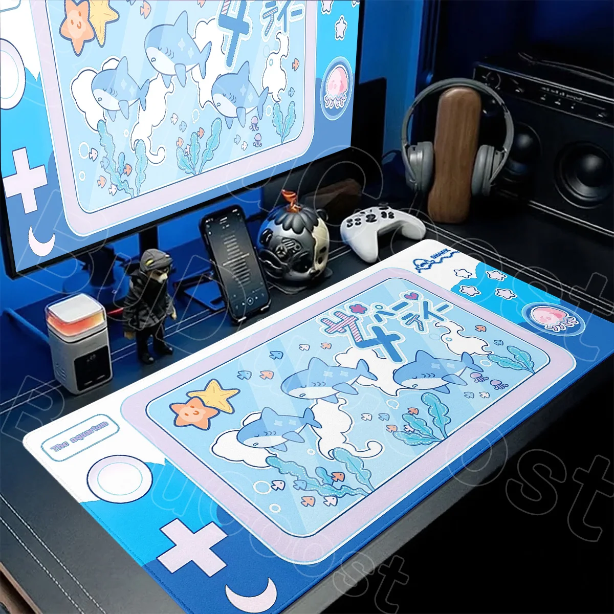 HD Print Blue Switch Gaming Mousepad Kawaii Shark Keyboard Deskmat Large Computer Anti-slip Rubber Mouse Mat Gamer Office Carpet