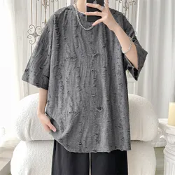 Summer Chic Fashion Casual Holes Short Sleeve T-Shirts For Men Clothing 2023 O-Neck Loose Casual Tee Shirt Homme Streetwear