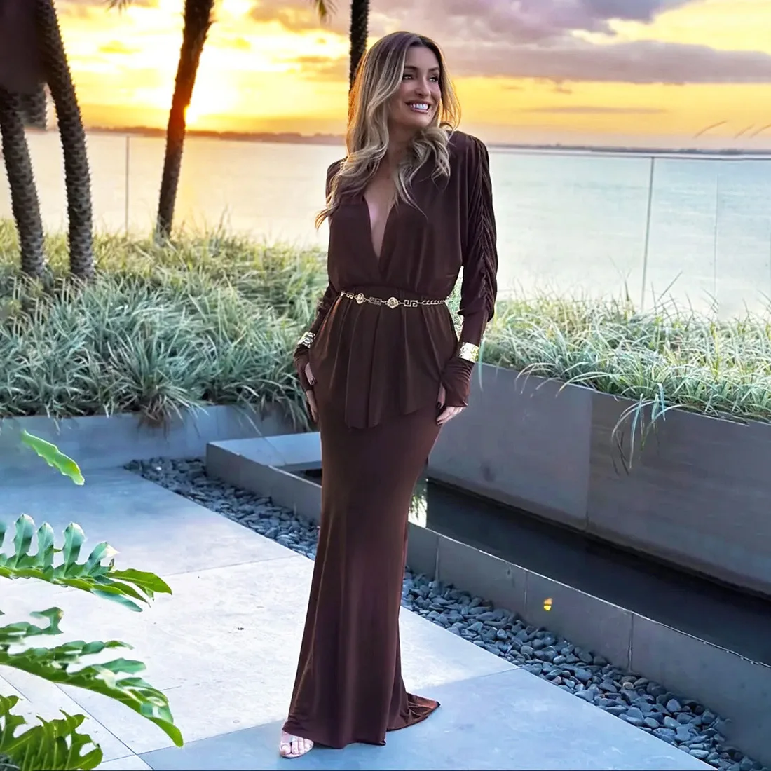 

Women Elegant Party 2 Piece Set Dress Suits Sexy Deep V Neck Ruched Long Sleeve Tops + Mermaid Maxi Skirts 2025 Autumn Clubwear