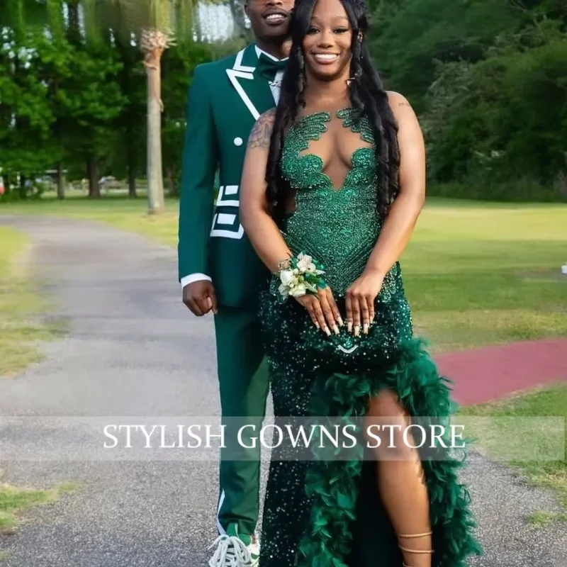 ชุดราตรีงานพรอมแบบดั้งเดิมสีเขียวมรกตไนจีเรียสั่งตัดพิเศษ ผ่าสูง ประดับลูกปัด ชุดราตรีงานเลี้ยงสไตล์แอฟริกัน Aso Ebi