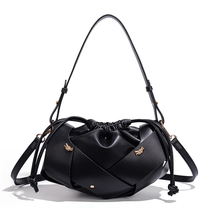 Woven Crossbody Bag Mini 29cm Ruched Drawstring Hobo Purse Interlaced Basket Shoulder Bag With Adjustable Removable Strap Women