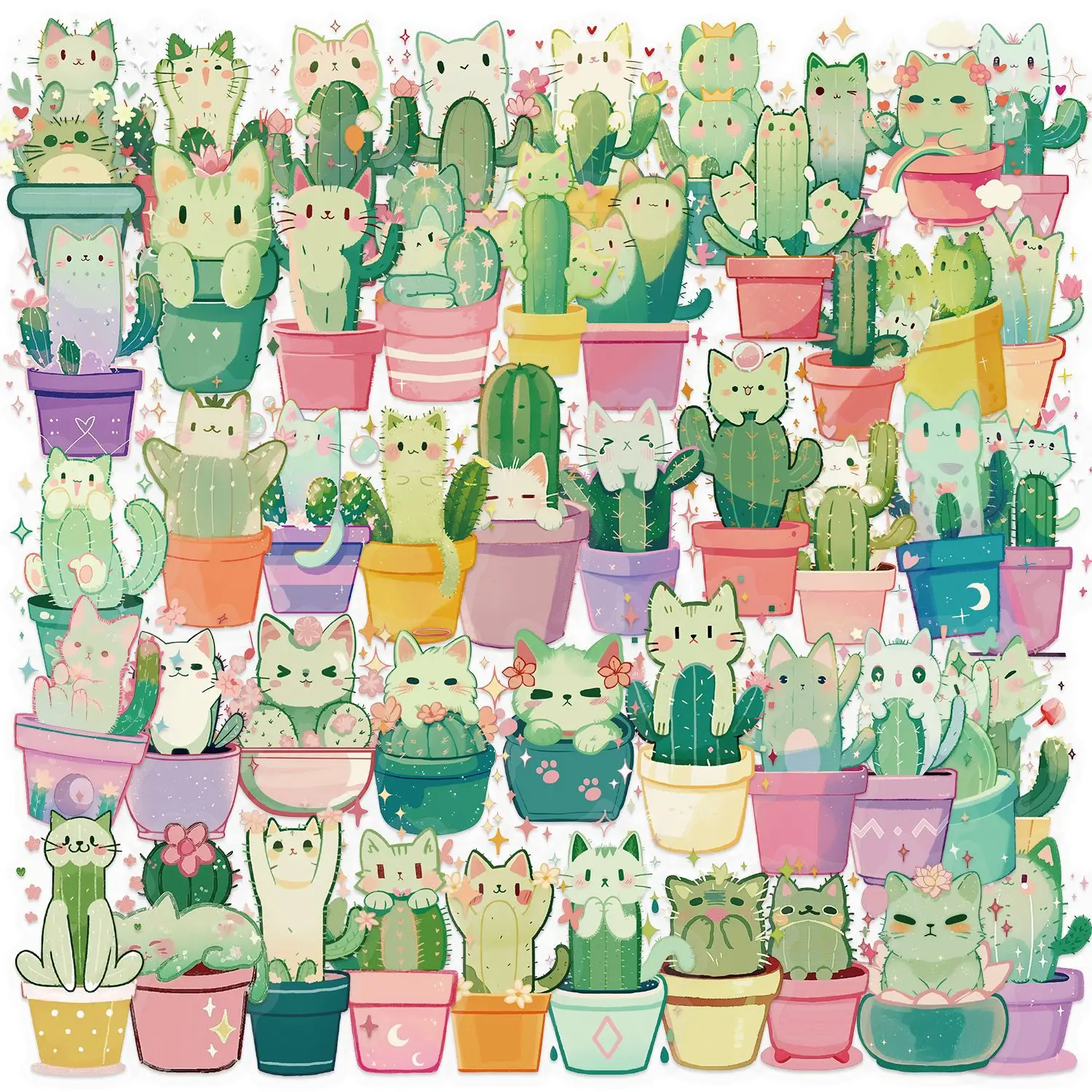 50/100PCS Cartoon Katze Kaktus Aufkleber Pack Wasserdichte Transparente PET Broschüre Dekor Gitarre Notebook Kunststoff Schreibwaren Aufkleber