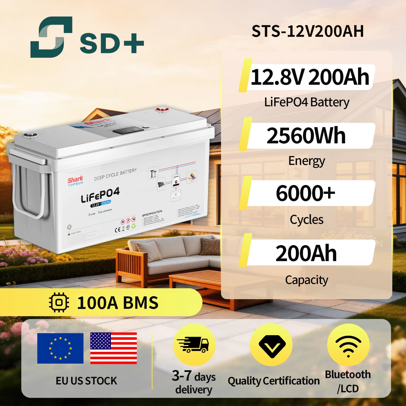 SANDISOLAR 12,8V 12V 200Ah LiFePO4 Batterie 2560Wh Deep Cycle Lithium-Eisenphosphat 6000 Zyklen Eingebautes BMS Solar RV Camper Marine Trolling Motor Off-Grid