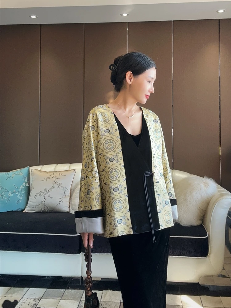 

New Chinese Sle Silk Brocade Women's Cotton Jaet V-Ne Splicing Color Blo Long Sve Loose Fit Winter Coat