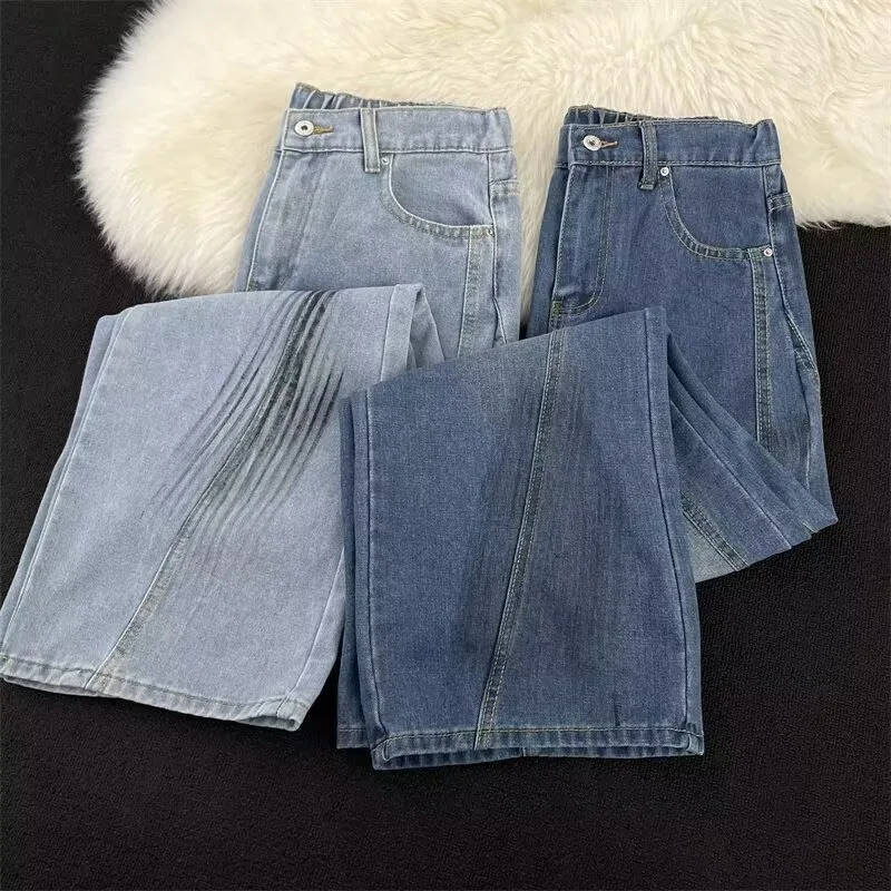 Men Retro Washed Slash Ripped Jeans Summer Straight Wide Leg Splash Ink Scratch Banana Denim Long Trousers