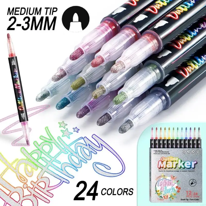 12Pcs Metallic Paint Markers Pens Glitter Markers Double Line Highlighter Outline Marker Set Marker Pens for Highlight
