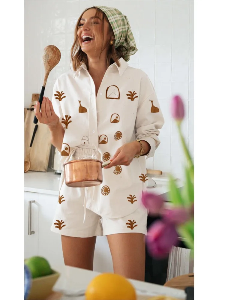 Fashion Print Shorts Set Summer Autumn Long Sleeve Lapel Loose Shirt & Casual Lace-up Short 2 Piece Sets Vacation Women Outfits