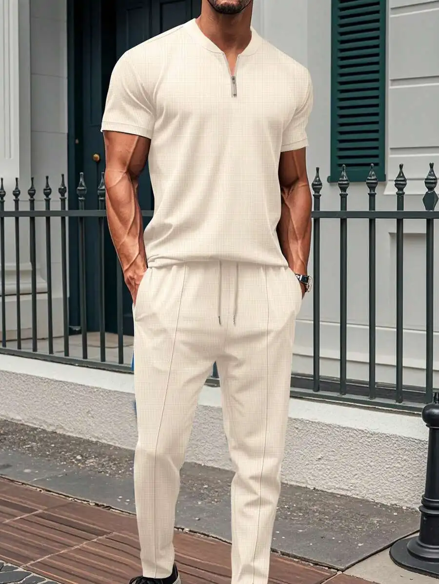 

Men's Waffle Knit Short Sleeve Zipper Collar Shirt and Pants Set