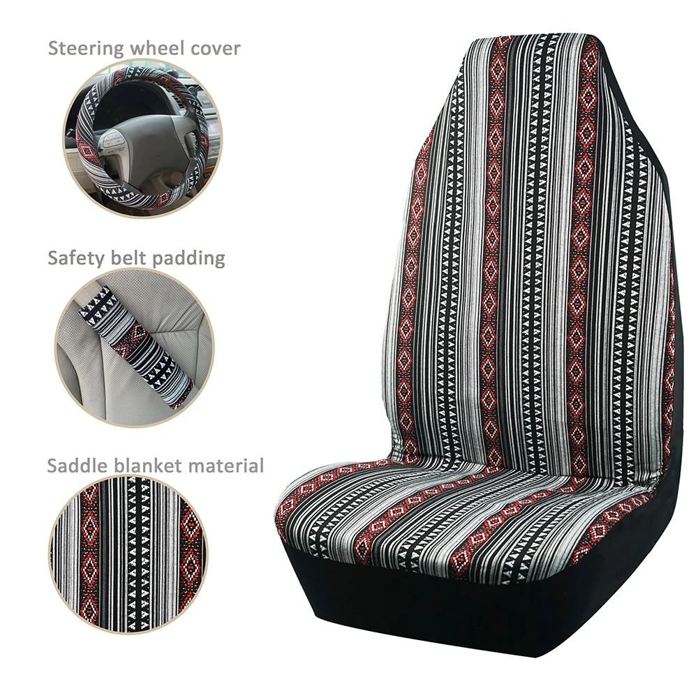 Universal High Back Bucket Car Seat Covers Full Set with Seat-Belt Pad Steering Wheel Cover Protector for Car, SUV, Truck